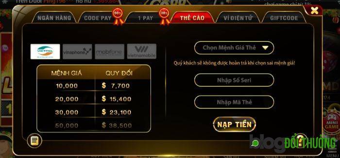 Cập nhật thông tin thẻ cào vào các ô trống