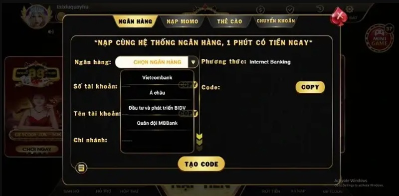 Nạp rút tiền tại sân chơi diễn ra tiện lợi nhanh chóng