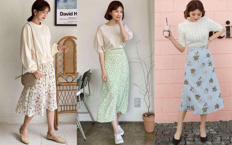 Áo blouse phối cùng chân váy hoa nhí