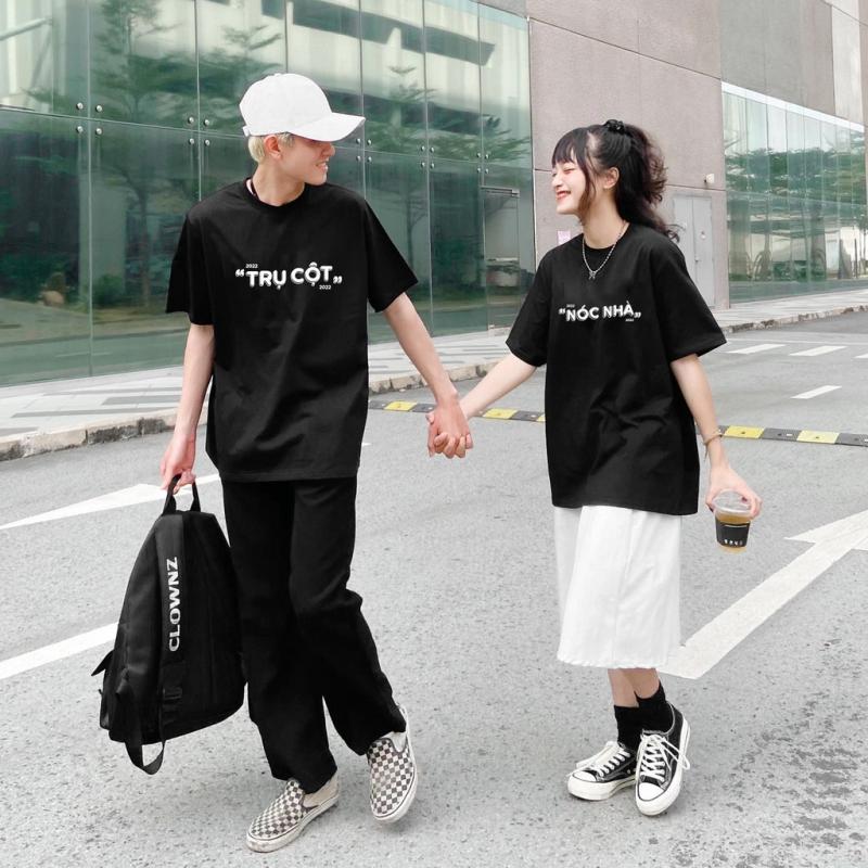 Áo cặp đôi nam nữ phông unisex tay lỡ mẫu Trụ Cột Nóc Nhà dễ thương thun mềm mịn form rộng