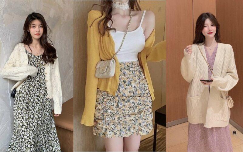 Áo cardigan phối cùng chân váy hoa nhí