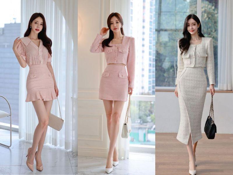 Áo dạ tweed và chân váy đuôi cá