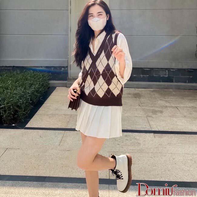 Áo gile nữ Domiu chất len dày dặn họa tiết caro phong cách Ulzzang siêu xinh