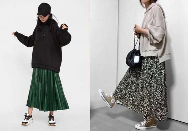 Áo hoodie phối cùng chân váy hoa nhí