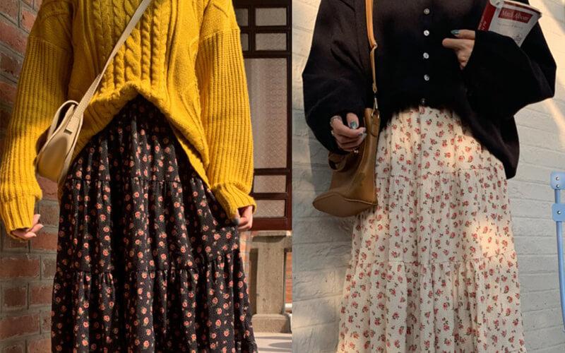 Áo len oversize phối cùng chân váy hoa nhí