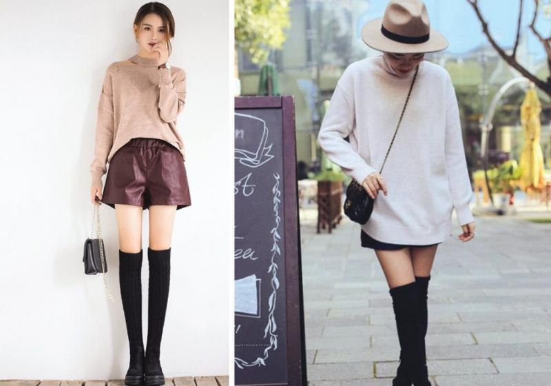 ] Áo sweater dáng dài + quần short + bốt