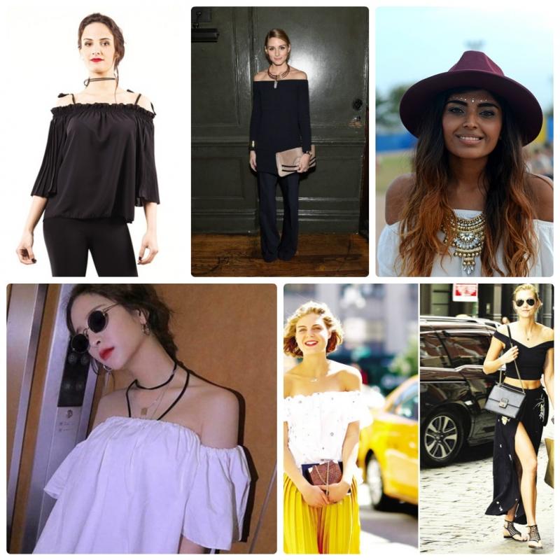 Áo trễ vai đi cùng trang sức statement, vòng cổ choker, dây chuyền mảnh