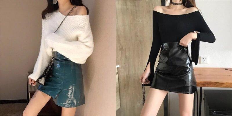 Áo trễ vai kết hợp chân váy da