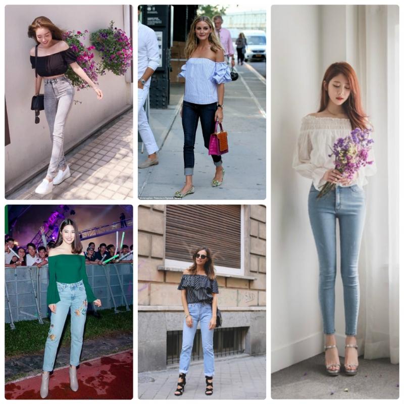 Áo trễ vai kết hợp cùng quần jeans