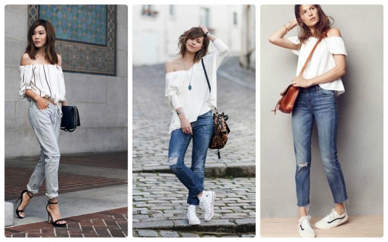 Áo trễ vai kết hợp cùng quần jeans