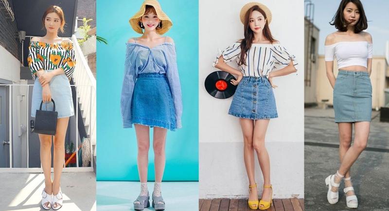 Áo trễ vai kết hợp với váy jeans