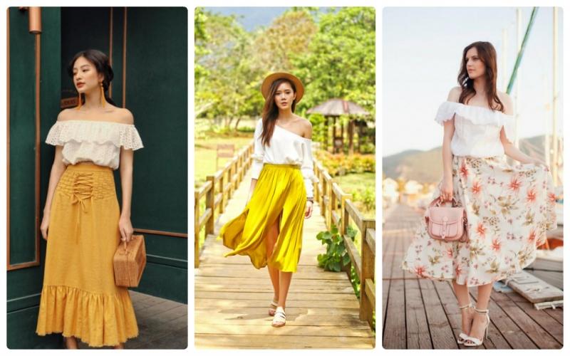 Áo trễ vai kết hợp với váy midi