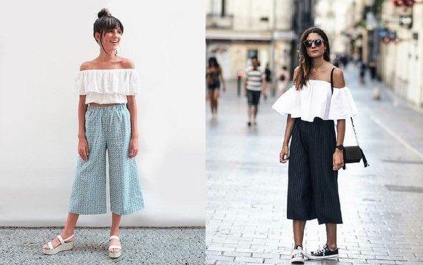 Áo trễ vai với quần culottes