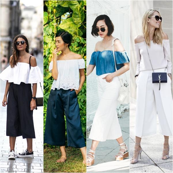 Áo trễ vai với quần culottes