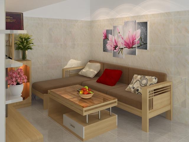 Bộ sa-lông gồm hai ghế dài nối nhau thành chữ L chiếm một góc phòng khách