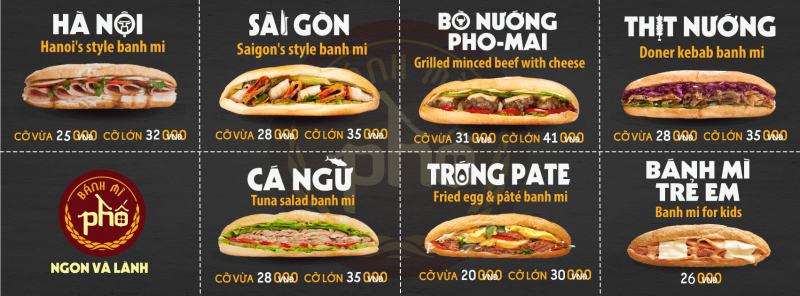 Bánh Mì Phố có thực đơn đa dạng cho khách hàng lựa chọn, từ size lớn cho người lớn và size nhỏ cho trẻ