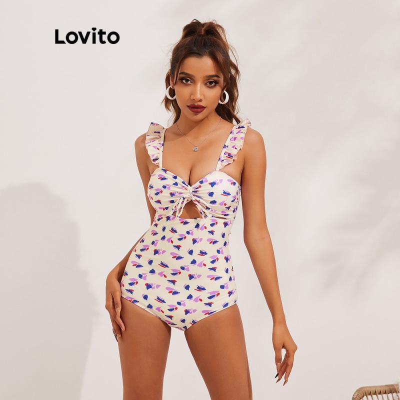 Bikini Lovito họa tiết in hoa xếp nếp co giãn nhẹ phong cách Boho L13X124 (Màu be)