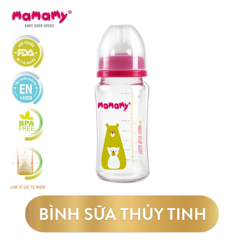 Bình sữa giữ nhiệt thủy tinh cổ rộng Mamamy, bình sữa cho bé sơ sinh