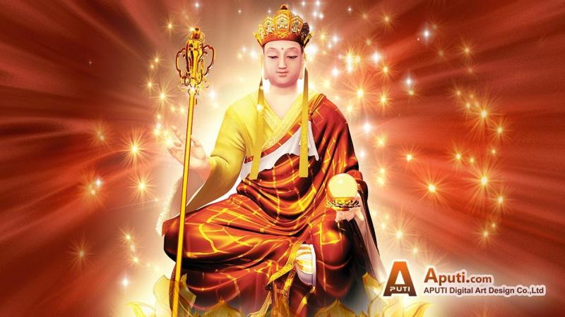 Hình ảnh Đại Bồ Tát Địa Tạng đầu đội mão, tay trái cầm viên châu, tay phải cầm tích trượng quen thuộc thường thấy nhất