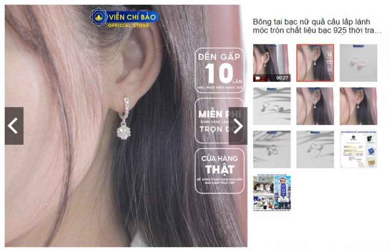 Bông tai bạc nữ quả cầu lấp lánh móc tròn