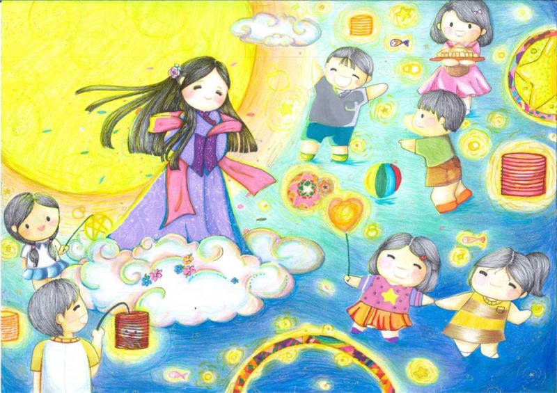 Bức tranh vẽ Trung thu: Chị Hằng và các bạn nhỏ