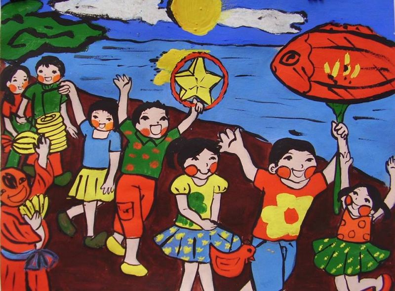 Bức tranh vẽ Trung thu: Đêm trăng rước đèn