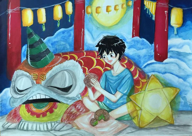 Bức tranh vẽ Trung thu: Đêm Trung thu bình yên