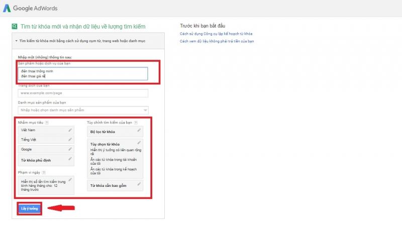 Bước 3: Sử dụng Google Keyword Planner để lấy ý tưởng cho từ khóa của bạn