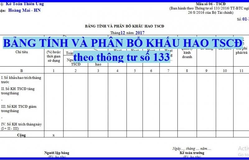 Mẫu bảng tính kháu hao và phân bổ tài sản cố định
