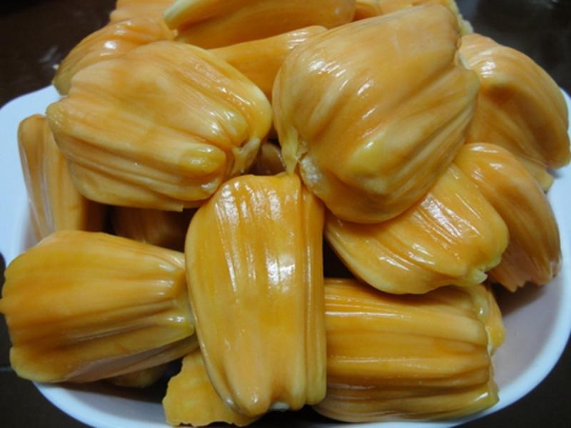 Bổ quả mít ra, những múi mít vàng ươm nằm xen kẽ với xơ mít trông rất hấp dẫn. Mùi thơm khi bổ tăng lên gấp bội