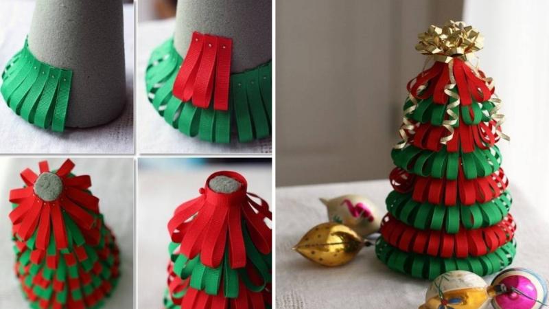 Cây thông Noel mini bằng ruy băng