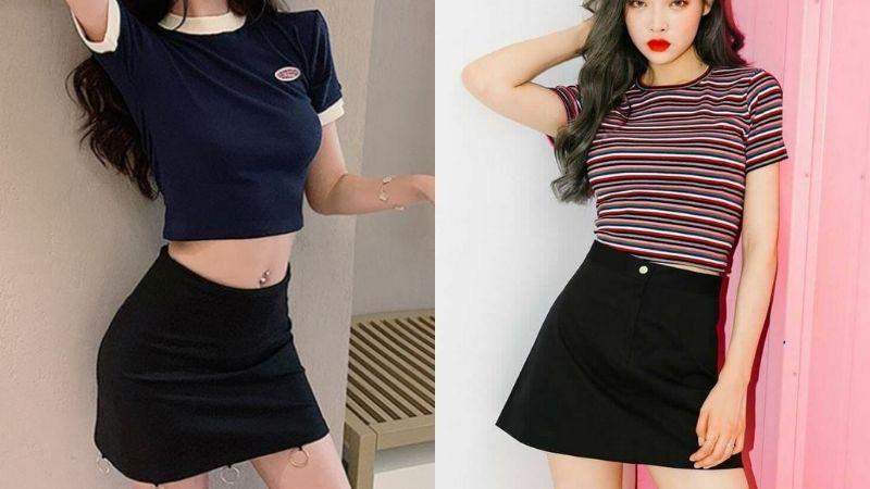 Chân váy đen kết hợp với áo croptop