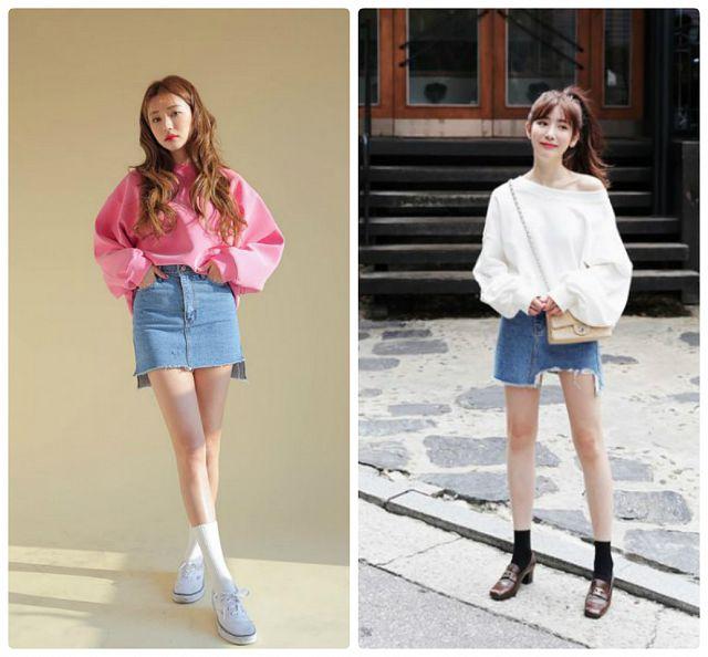 Chân váy denim mix áo sweater