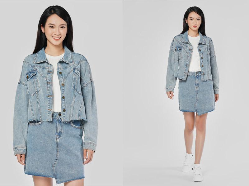 Chân váy denim mix áo khoác denim