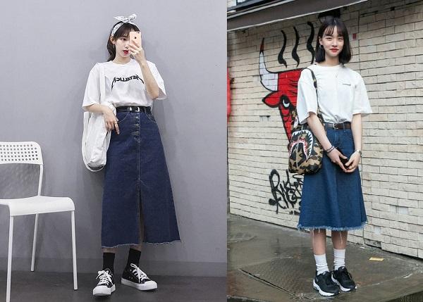 Chân váy denim mix cùng áo thun