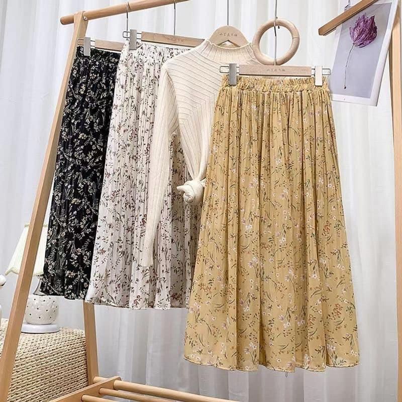 Chân váy hoa nhí xếp ly dài