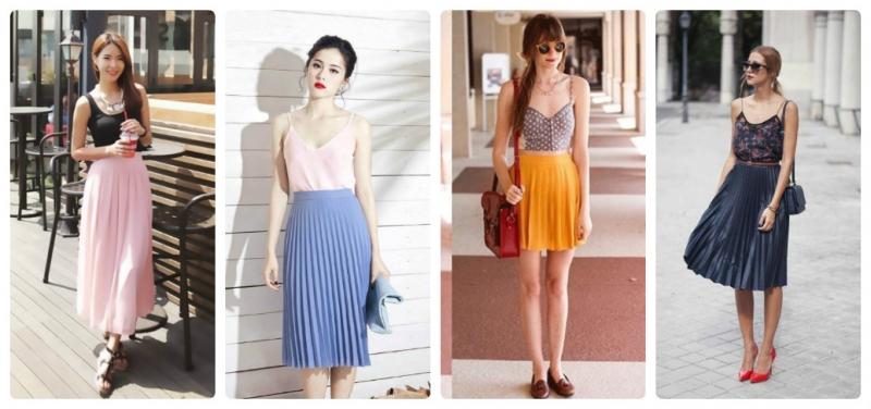 Chân váy xếp ly kết hợp với áo hai dây