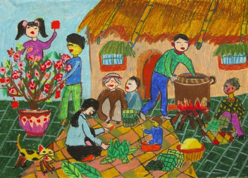 Cả nhà cùng gói bánh chưng
