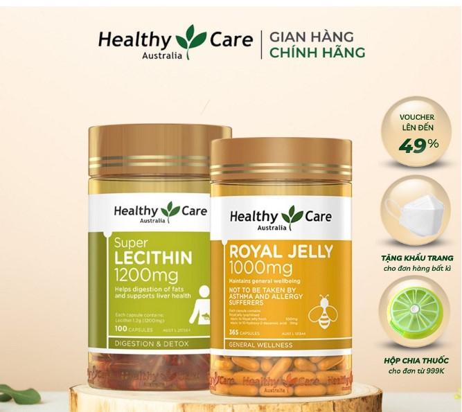Combo cân bằng nội tiết, làm đẹp da viên uống sữa ong chúa Heathy Care Royal và mầm đậu nành Healthy Care