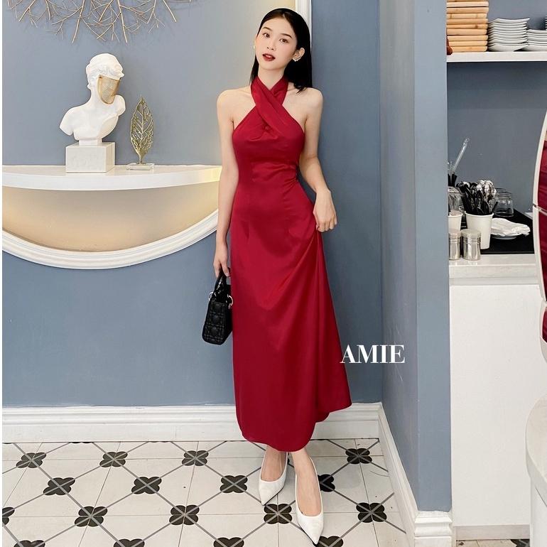 Đầm nữ AMIE thiết kế cổ chéo dáng dài, váy thời trang cao cấp chất phi lụa sang chảnh D09