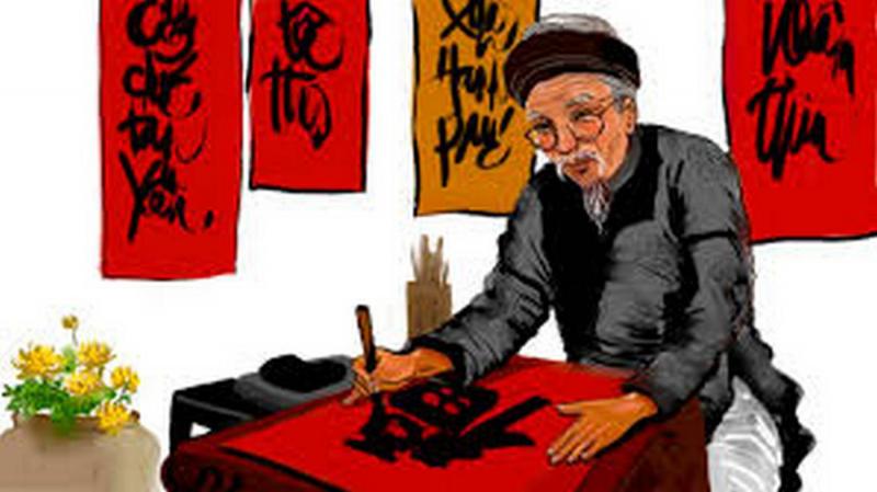 Thầy đồ viết chữ thư pháp