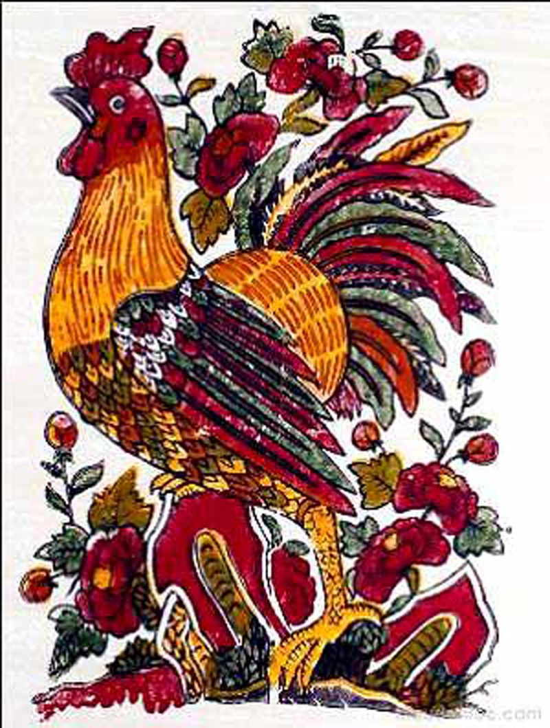 Tranh dân gian: Gà trống hoa hồng