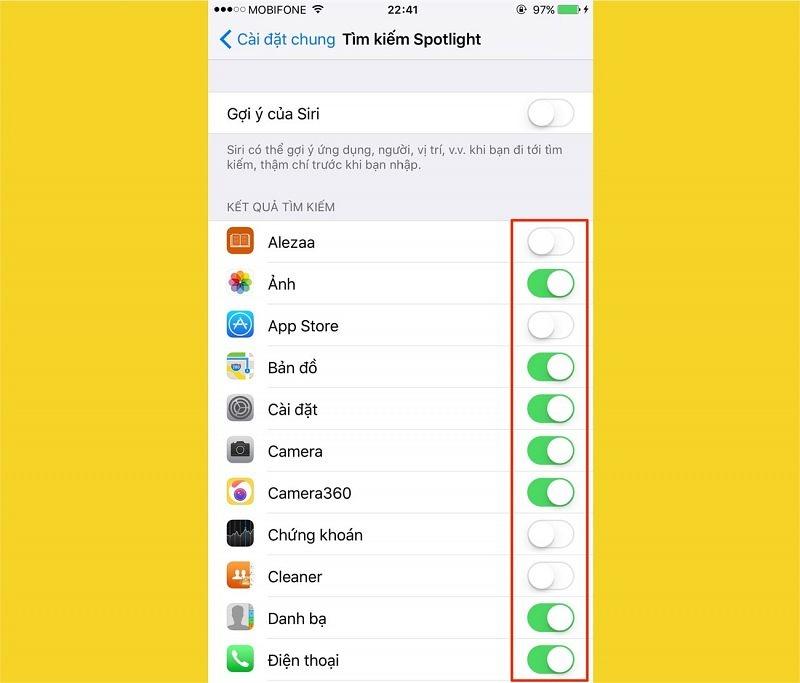 Hạn chế tìm kiếm trong Spotlight Search