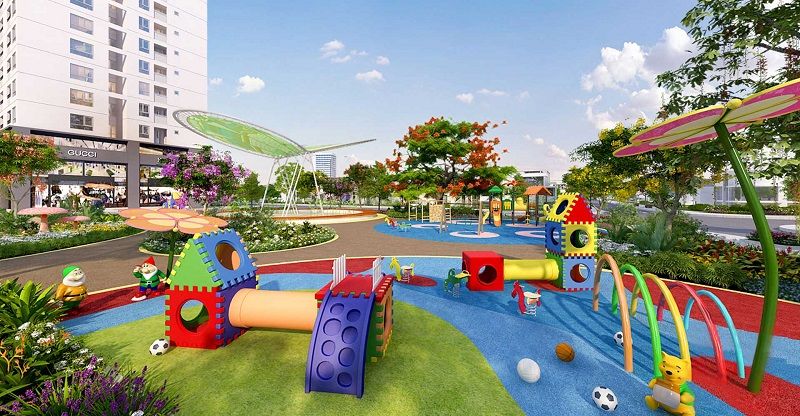 Toàn cảnh khu vui chơi, bãi trượt cỏ, và cầu trượt ống