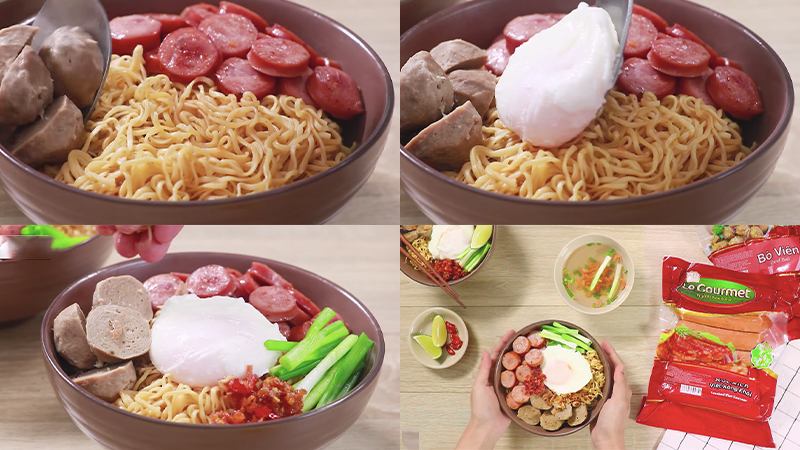 Mì trộn xúc xích bò viên