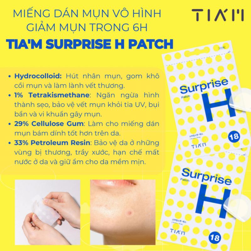 Miếng dán mụn Hydrocoloid siêu mỏng Tia'm Surprise H Patch 18 miếng