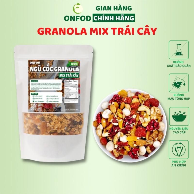 Ngũ cốc granola Onfod siêu hạt mix hoa quả trái cây ăn kiêng giảm cân thêm macca, óc chó đỏ, dâu tây 500g