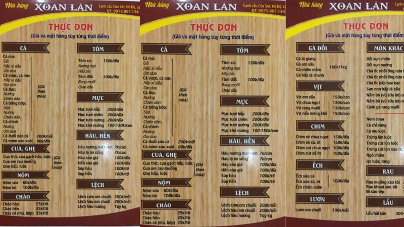 Thực đơn Hải Sản Xoan Lân
