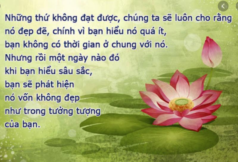 Những thứ không đạt được, chúng ta sẽ luôn cho rằng nó đẹp đẽ, chính vì bạn hiểu nó quá ít, bạn không có thời gian ở chung với nó. Nhưng rồi một ngày nào đó khi bạn hiểu sâu sắc, bạn sẽ phát hiện nó vốn không đẹp như trong trí tưởng tượng của mình