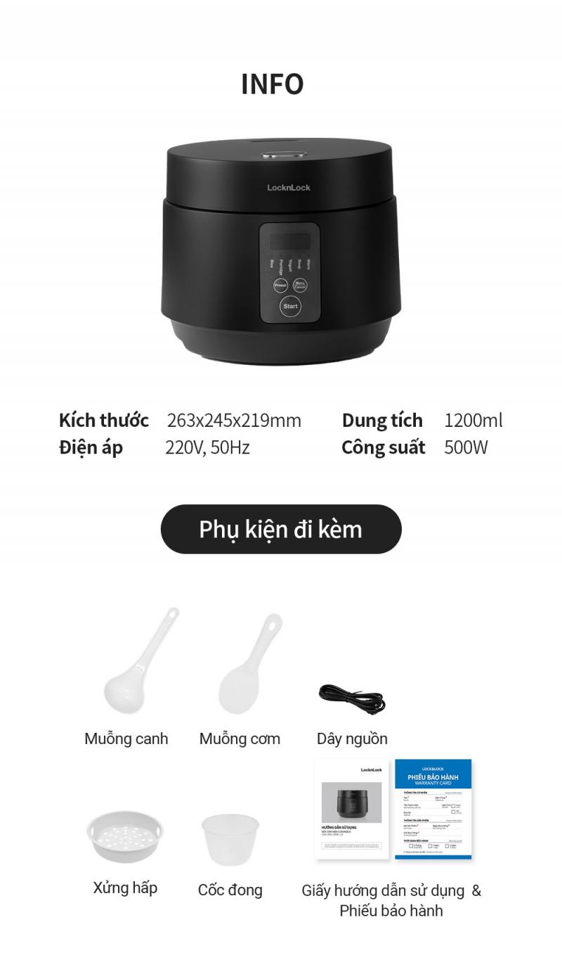 Nồi cơm điện LocknLock Compact Rice Cooker 1.2L EJR346BLK